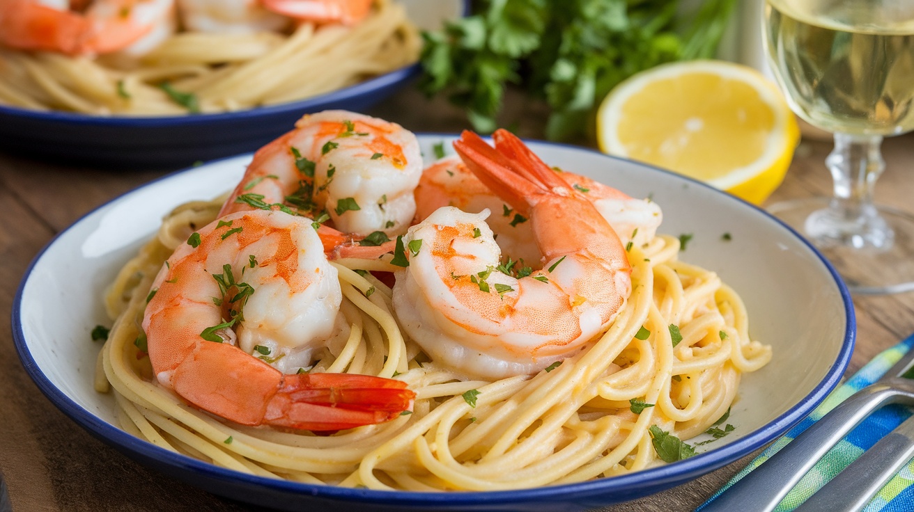 A plate of lemon garlic shrimp pasta with shrimp, spaghetti, and parsley, garnished with lemon on a rustic table.